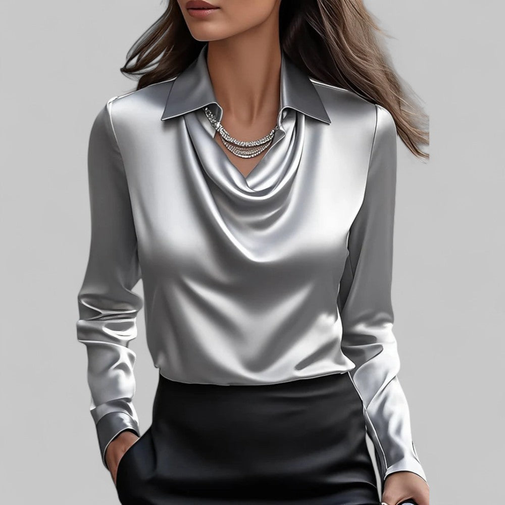 Kimberly | Women’s Draped Neck Long Sleeve Satin Blouses