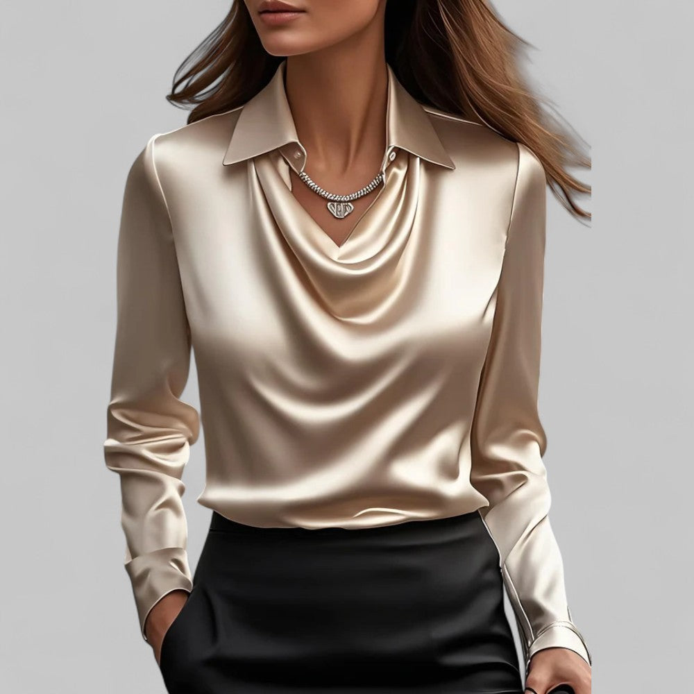 Kimberly | Women’s Draped Neck Long Sleeve Satin Blouses