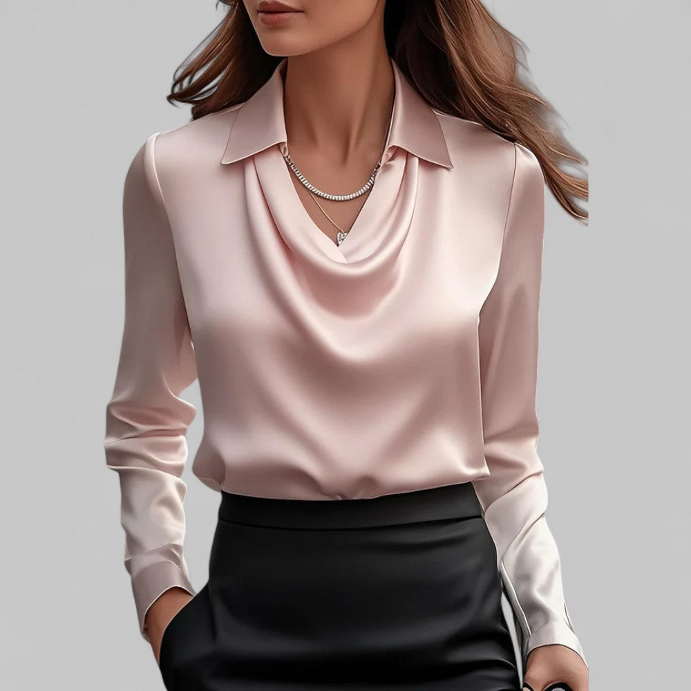 Kimberly | Women’s Draped Neck Long Sleeve Satin Blouses