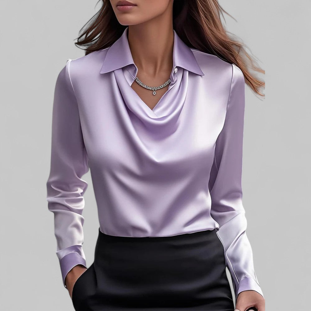 Kimberly | Women’s Draped Neck Long Sleeve Satin Blouses