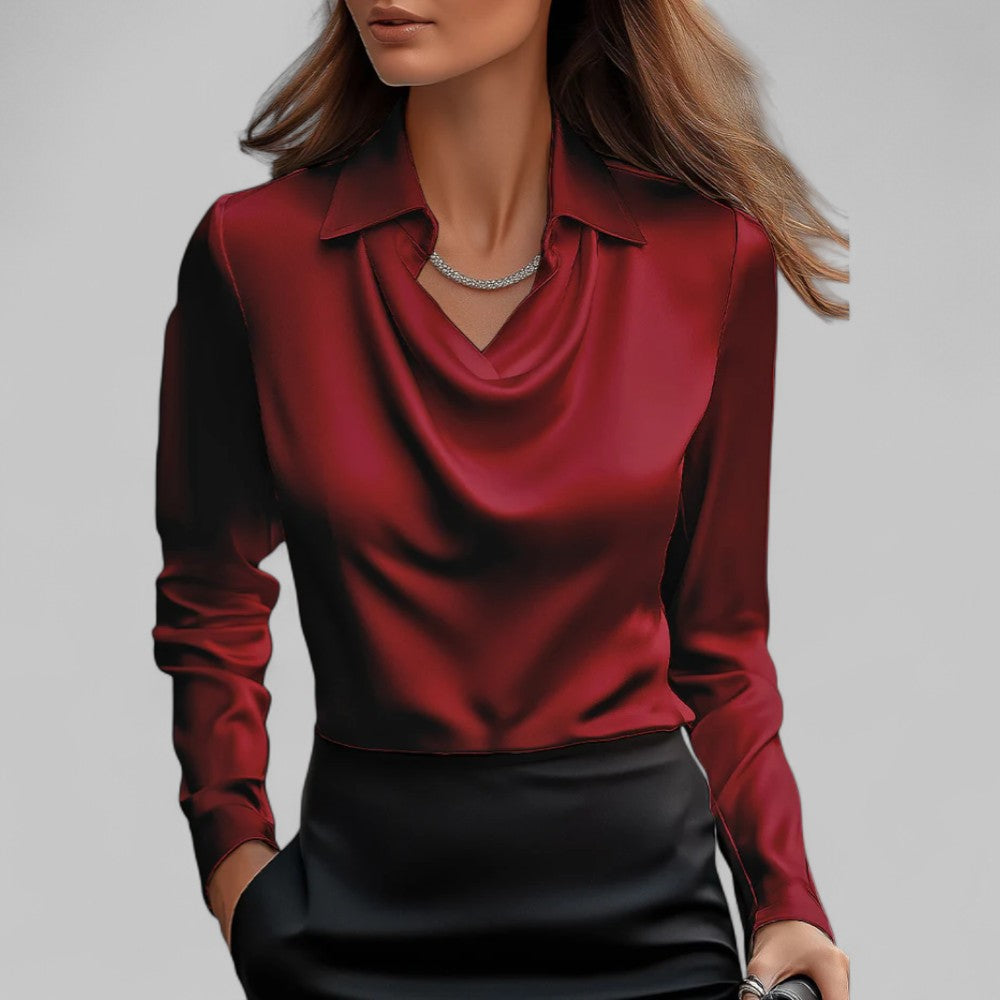 Kimberly | Women’s Draped Neck Long Sleeve Satin Blouses