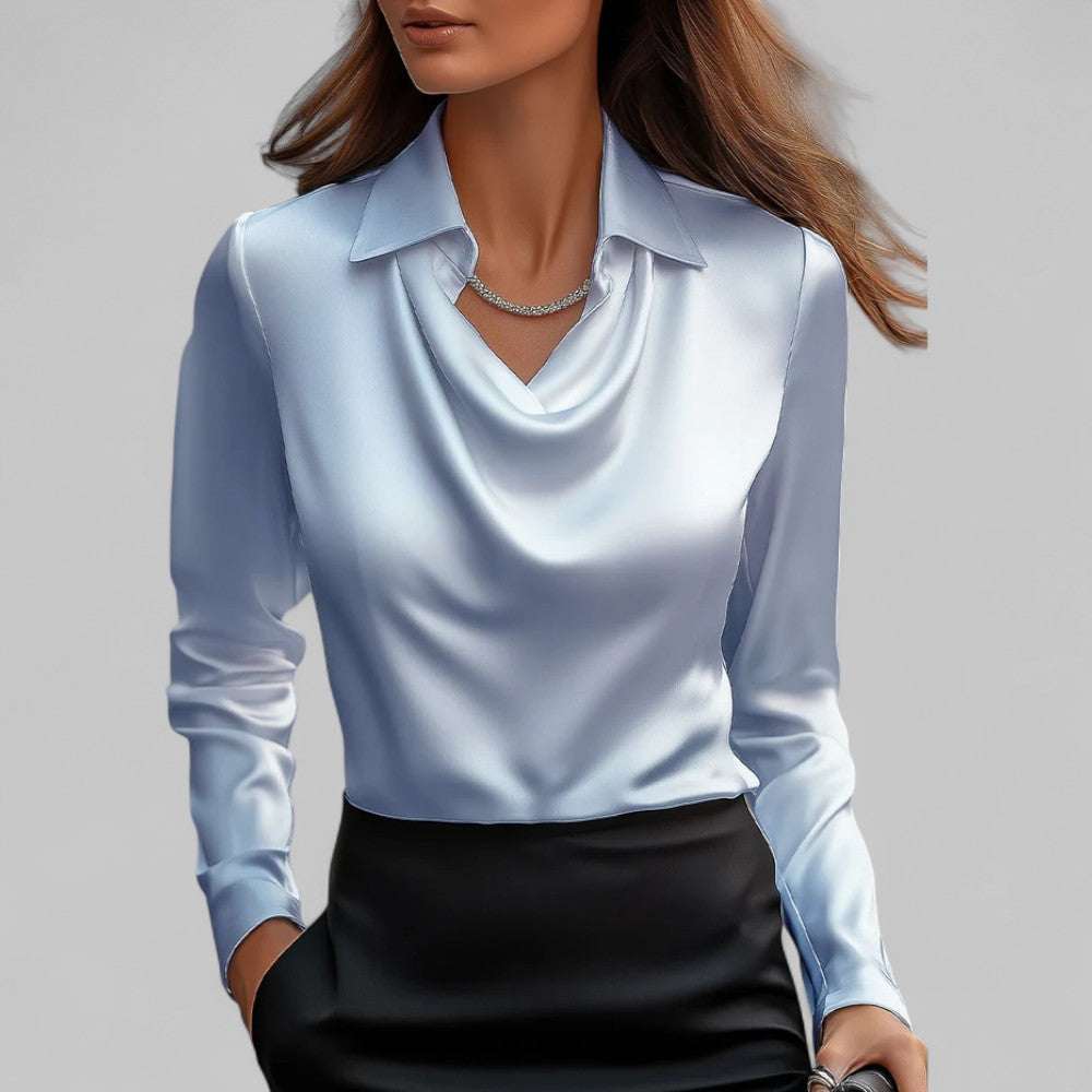 Kimberly | Women’s Draped Neck Long Sleeve Satin Blouses
