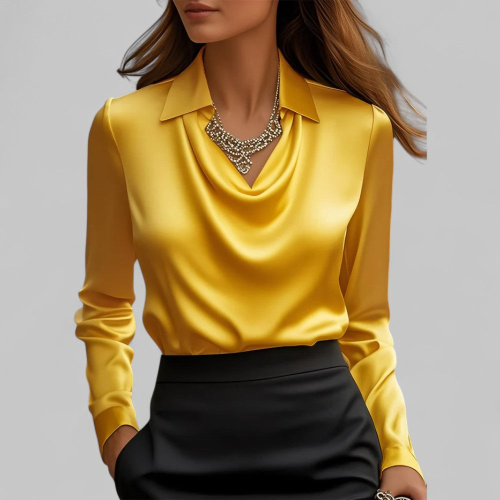 Kimberly | Women’s Draped Neck Long Sleeve Satin Blouses