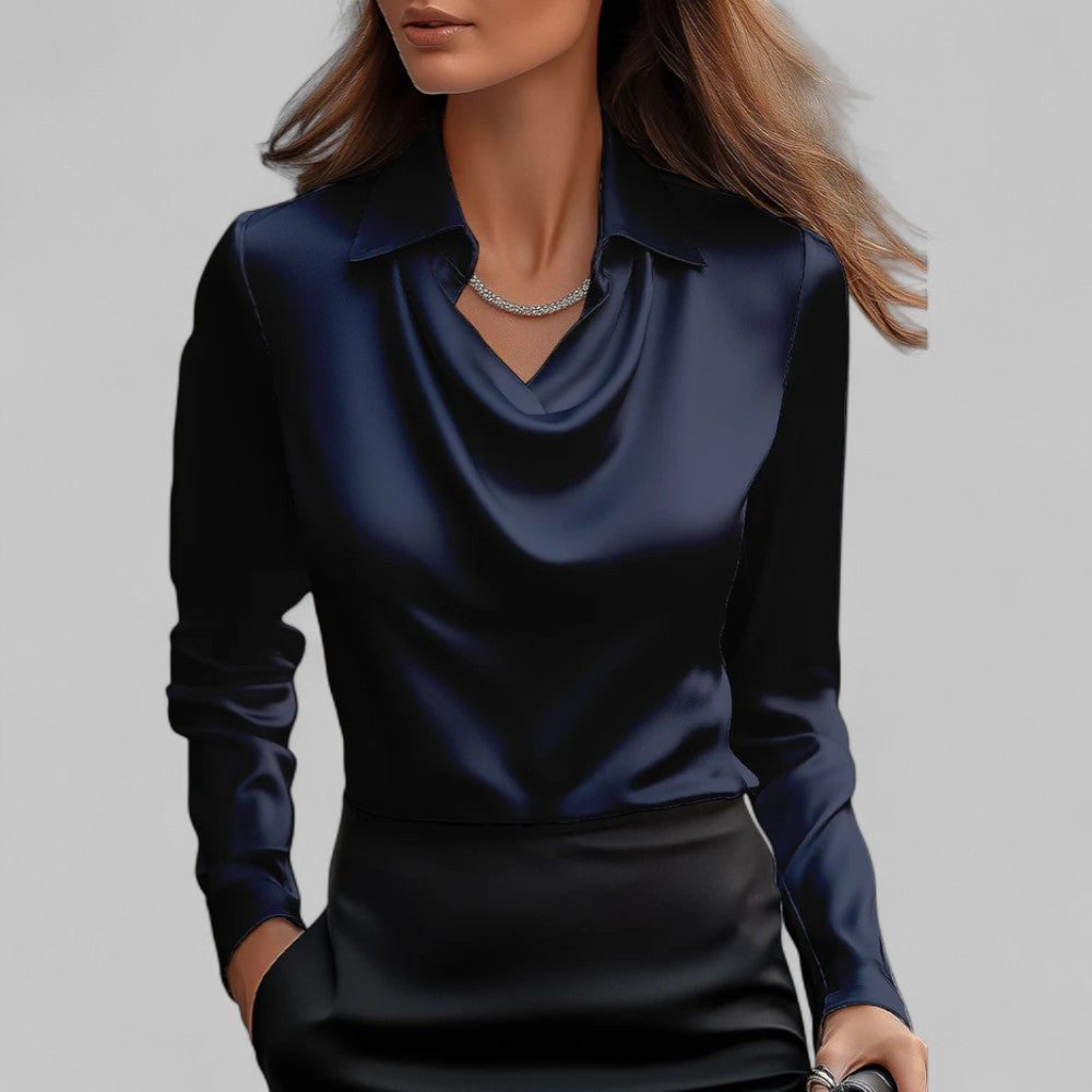 Kimberly | Women’s Draped Neck Long Sleeve Satin Blouses