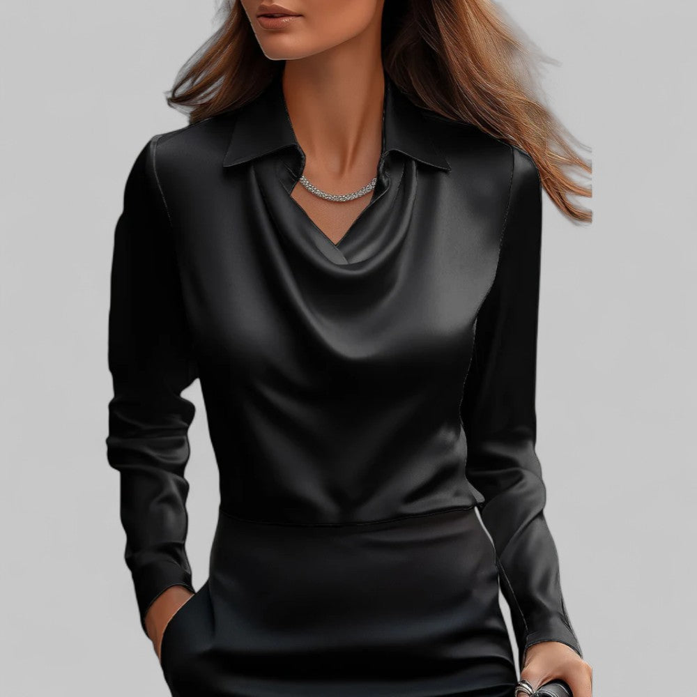 Kimberly | Women’s Draped Neck Long Sleeve Satin Blouses