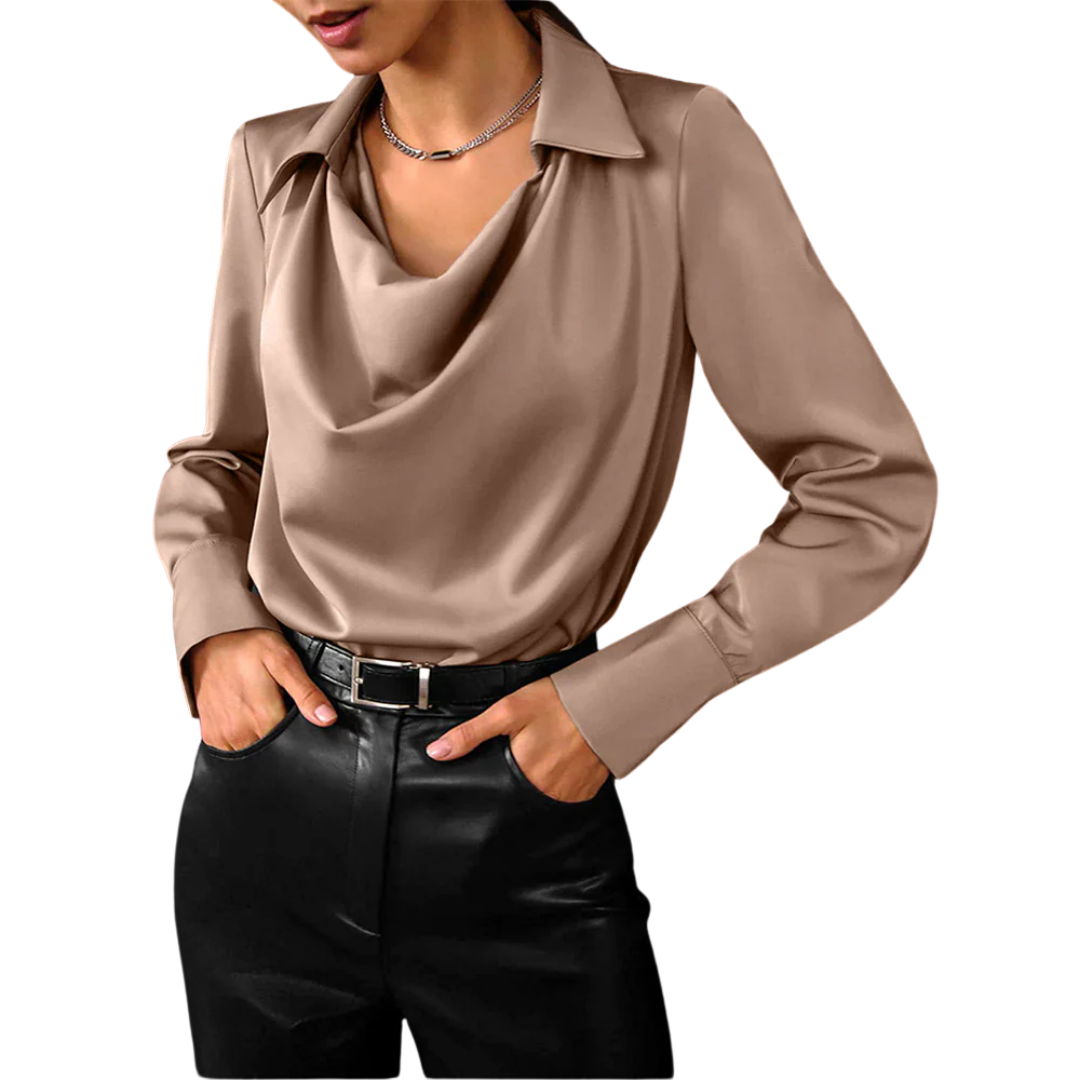 Sarah | Women’s Drape Neck Long Sleeve Satin Blouses