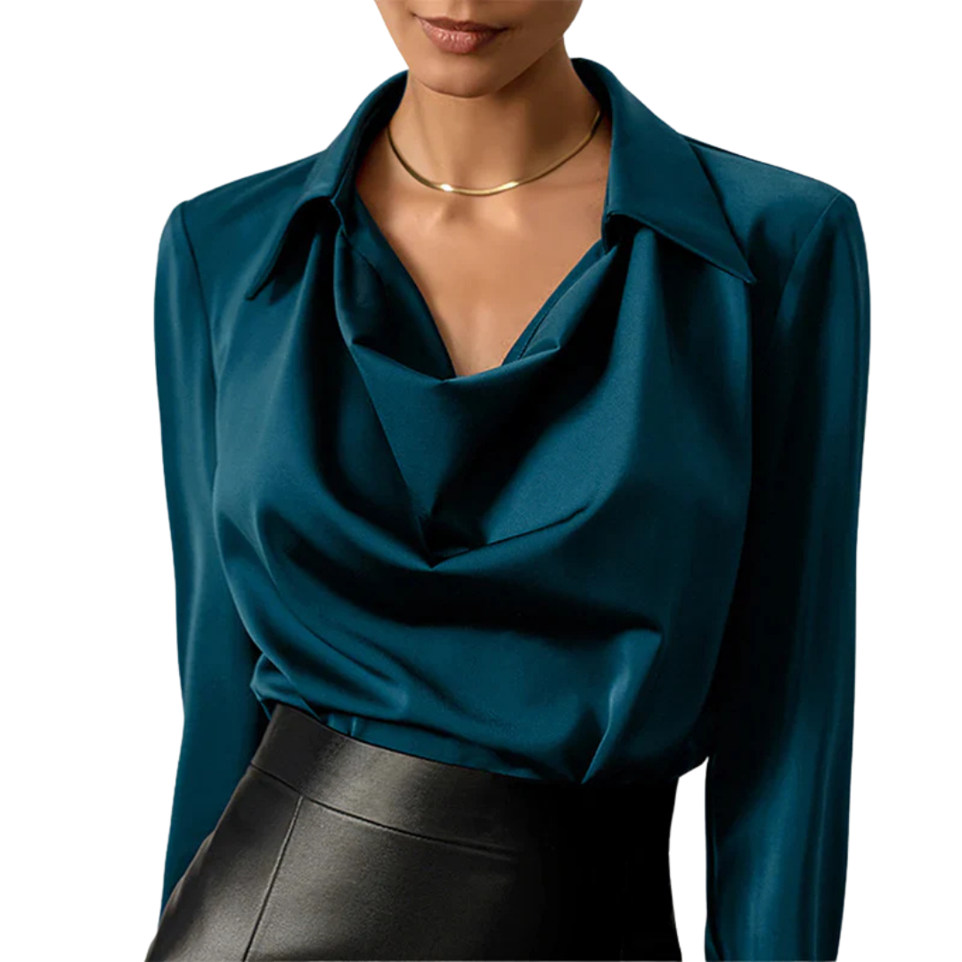 Sarah | Women’s Drape Neck Long Sleeve Satin Blouses