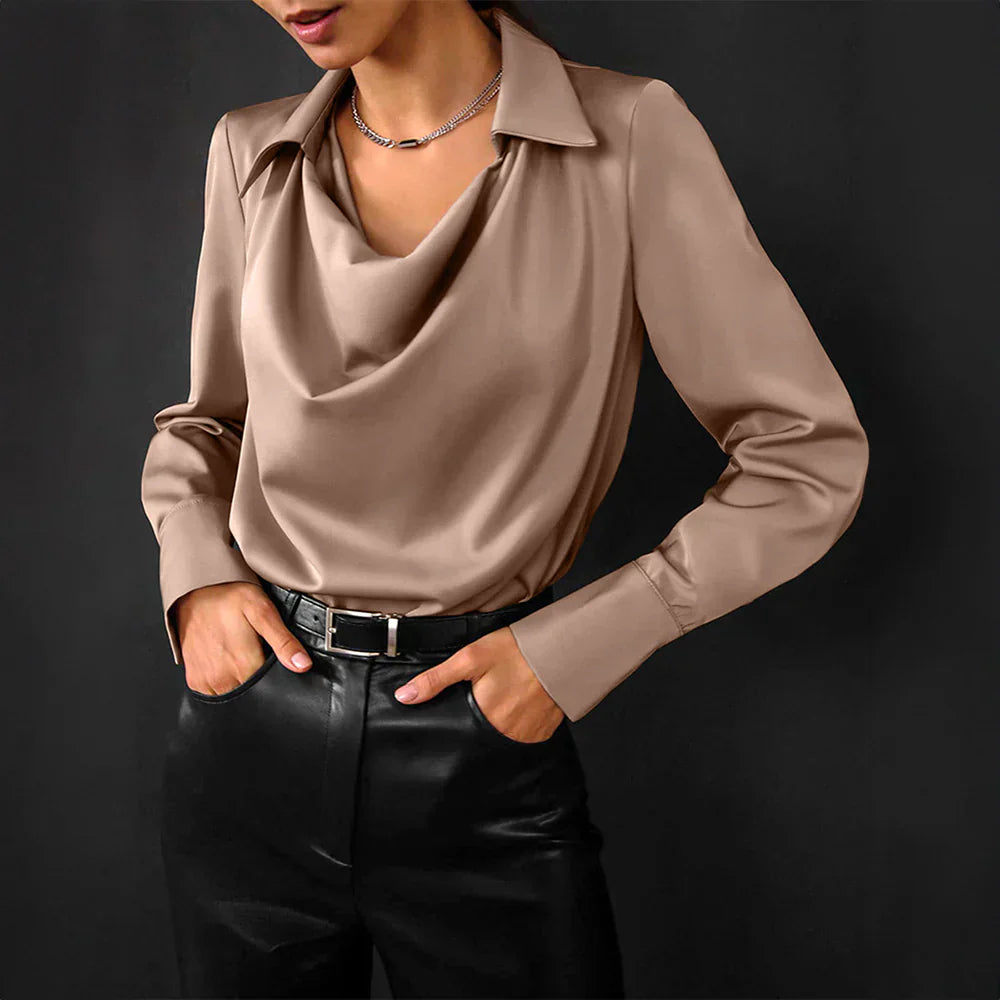 Sarah | Women’s Drape Neck Long Sleeve Satin Blouses
