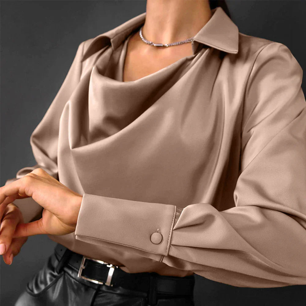 Sarah | Women’s Drape Neck Long Sleeve Satin Blouses