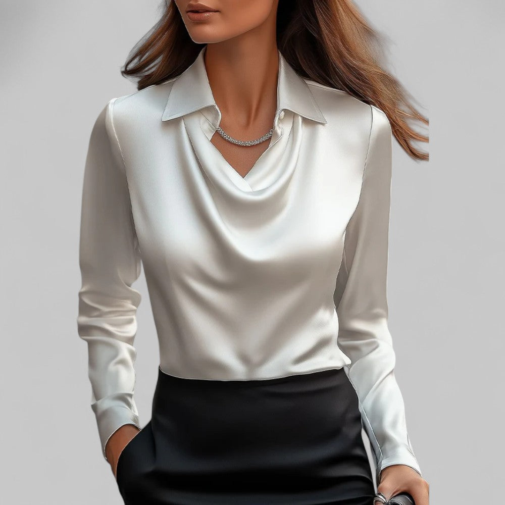 Kimberly | Women’s Draped Neck Long Sleeve Satin Blouses
